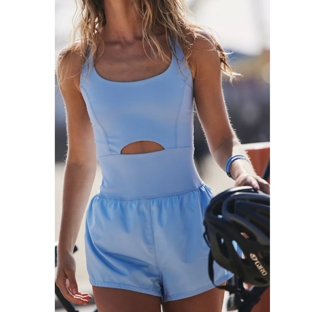 Free People Movement Righteous Runsie Pull On Athleisue Gym Workout Romper Blue